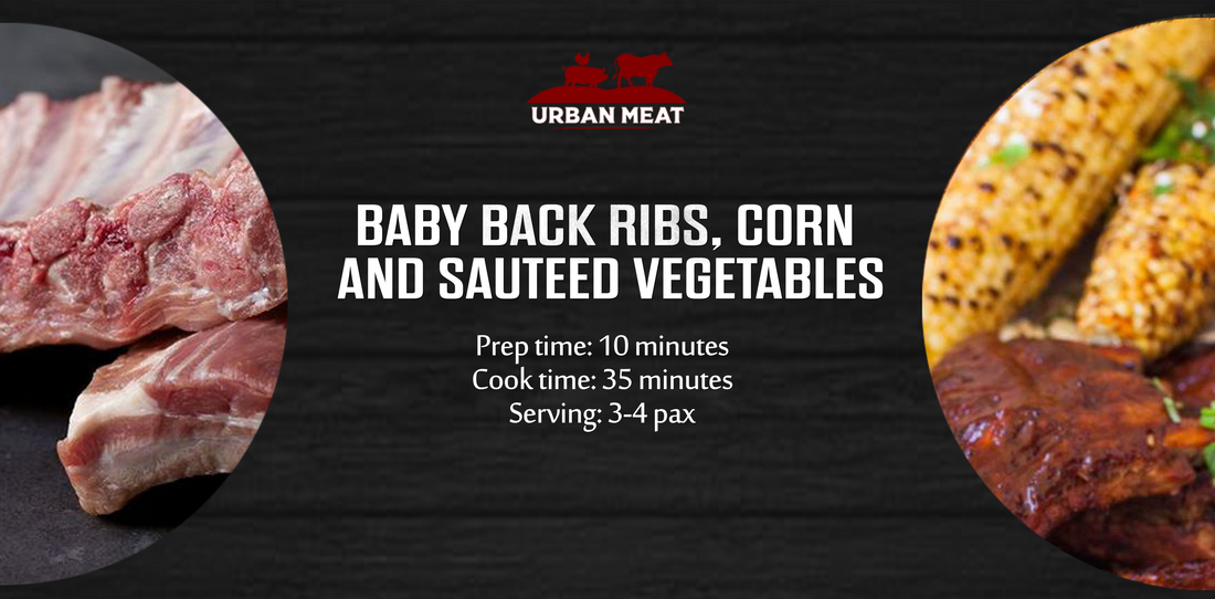 Baby Back Ribs, Corn and Sautéed Vegetables